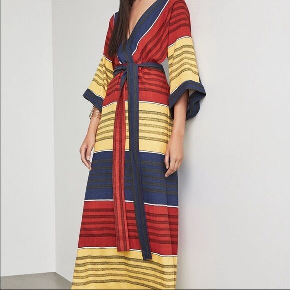 BCBGMAXAZRIA Kimono Striped Faux Wrap Casual Maxi Dress Belt Red Yellow Blue XS - Picture 7 of 11